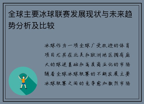 全球主要冰球联赛发展现状与未来趋势分析及比较