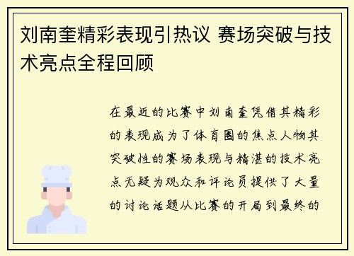 刘南奎精彩表现引热议 赛场突破与技术亮点全程回顾