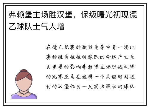 弗赖堡主场胜汉堡，保级曙光初现德乙球队士气大增